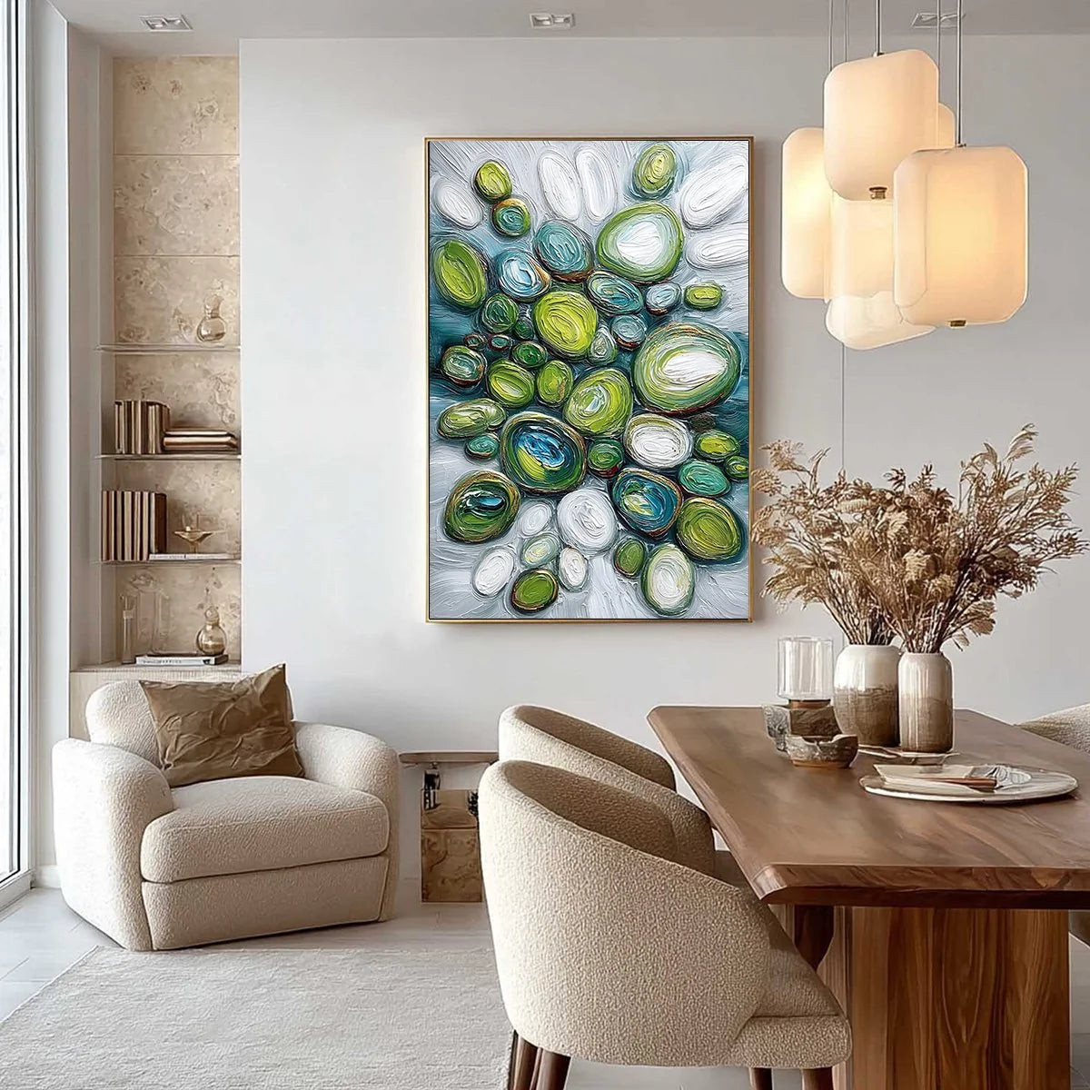RIVER GEMS: Textured Wabi Sabi Abstract Painting of River Stones | gold frame stretched on neutral wall