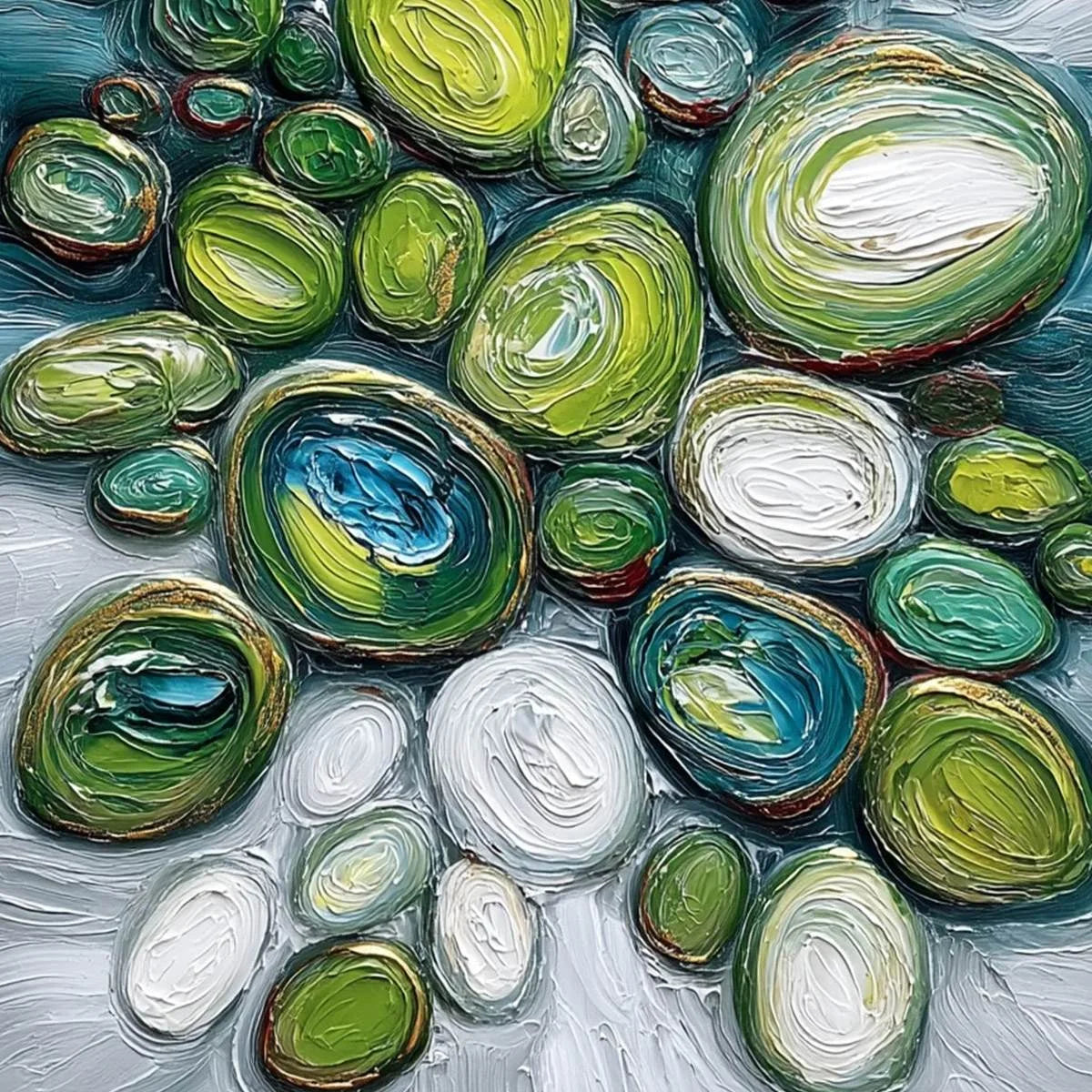 RIVER GEMS: Textured Wabi Sabi Abstract Painting of River Stones | rolled canvas, ready for custom framing