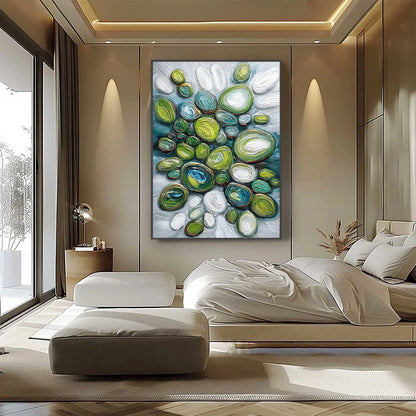RIVER GEMS: Textured Wabi Sabi Abstract Painting of River Stones | black frame version on white wall