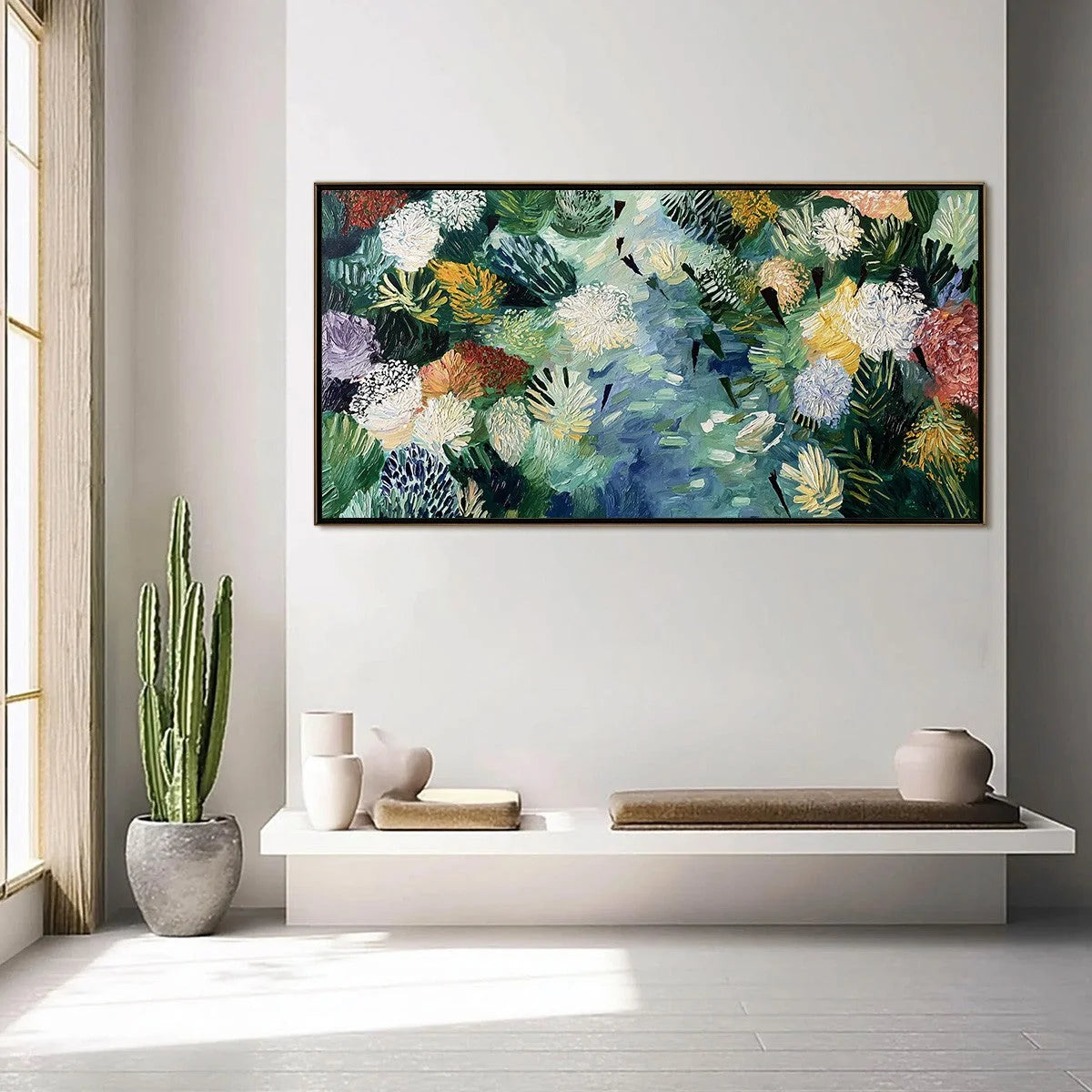 RIVER OF BLOOMS: Textured Palette Knife Abstract Floral Painting | gold frame stretched on neutral wall
