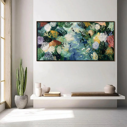 RIVER OF BLOOMS: Textured Palette Knife Abstract Floral Painting | gold frame stretched on neutral wall
