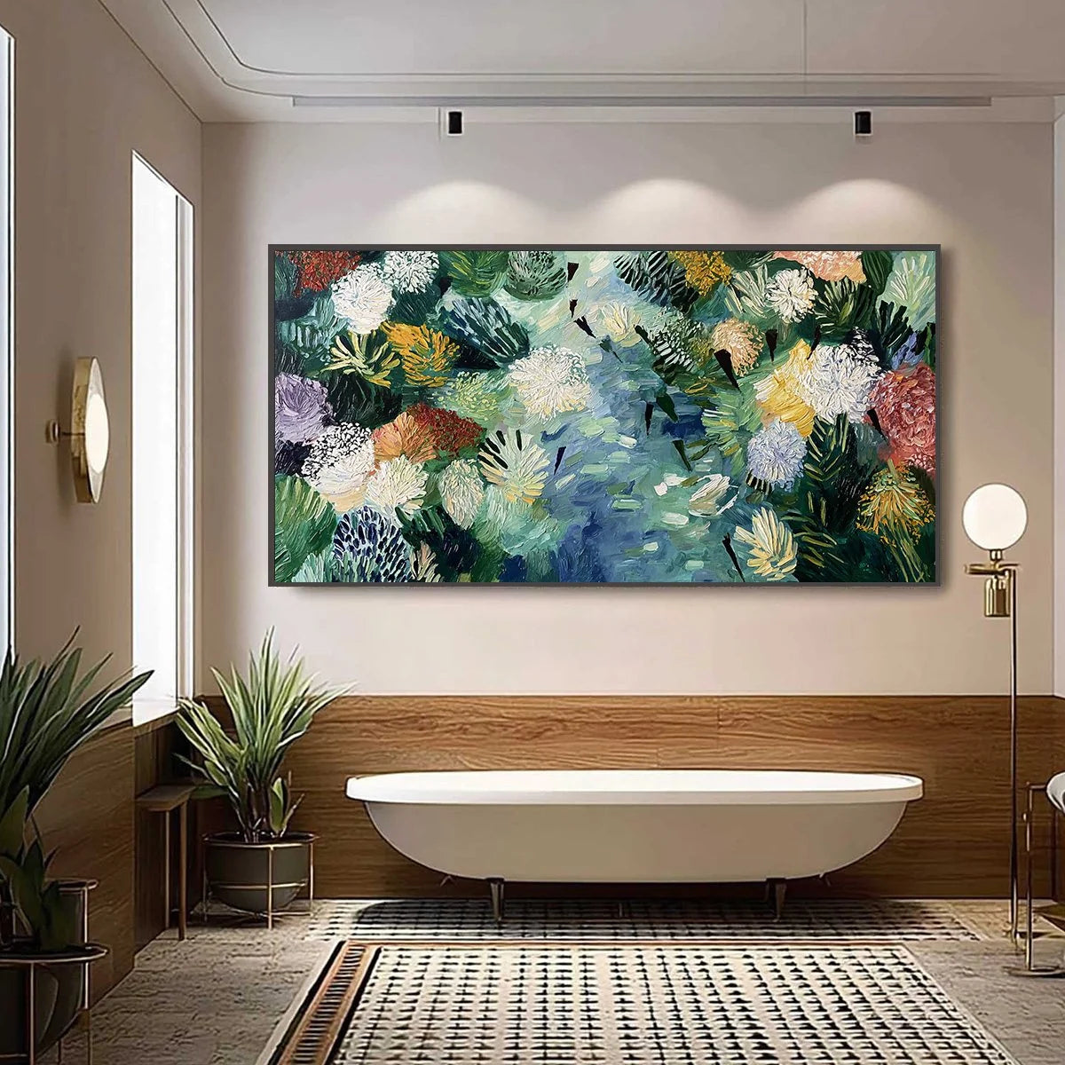 RIVER OF BLOOMS: Textured Palette Knife Abstract Floral Painting | black frame version on white wall