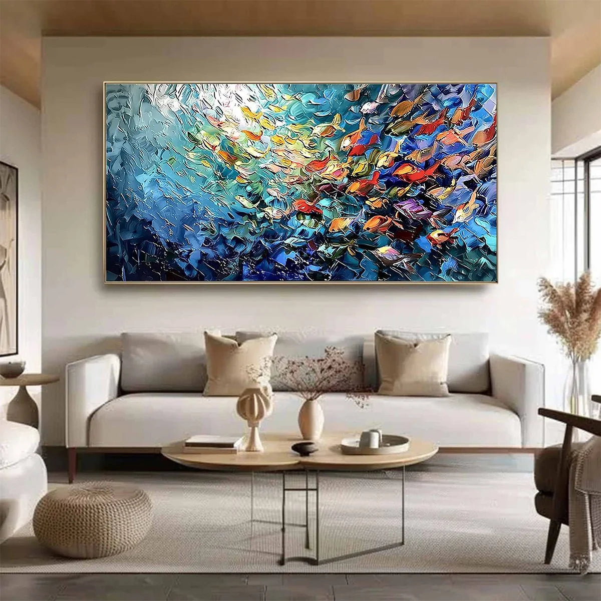 RIVER OF LIFE: Colorful Abstract Fish School Impasto Oil Painting | Abstract closeup, raised brushwork detail