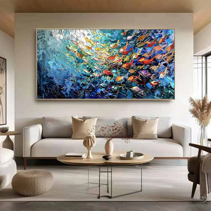 RIVER OF LIFE: Colorful Abstract Fish School Impasto Oil Painting | Abstract closeup, raised brushwork detail