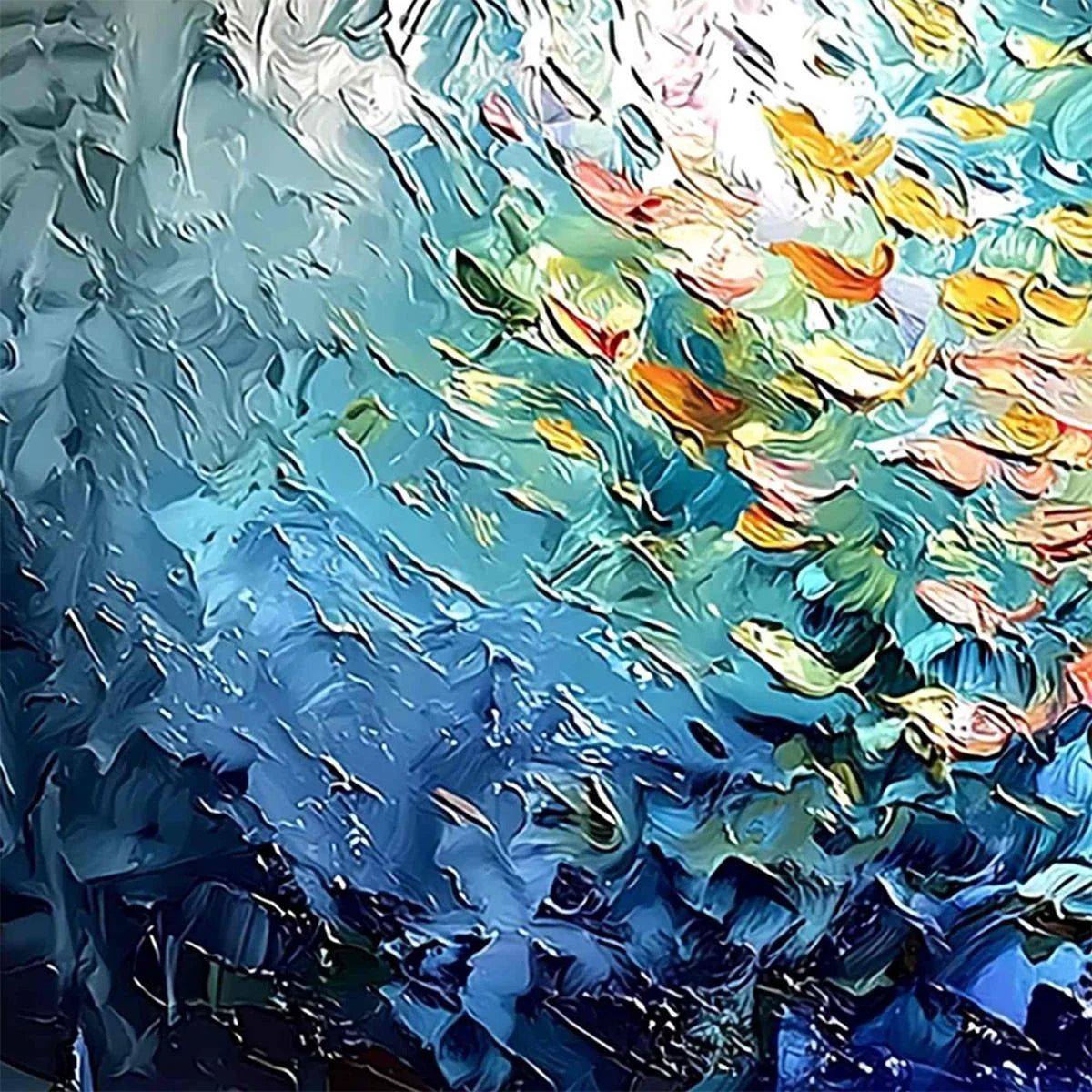 RIVER OF LIFE: Colorful Abstract Fish School Impasto Oil Painting | rectangular format, hand-painted canvas edge