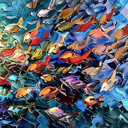 RIVER OF LIFE: Colorful Abstract Fish School Impasto Oil Painting | rolled canvas, ready for custom framing