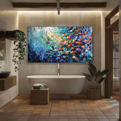 RIVER OF LIFE: Colorful Abstract Fish School Impasto Oil Painting | black frame version on white wall
