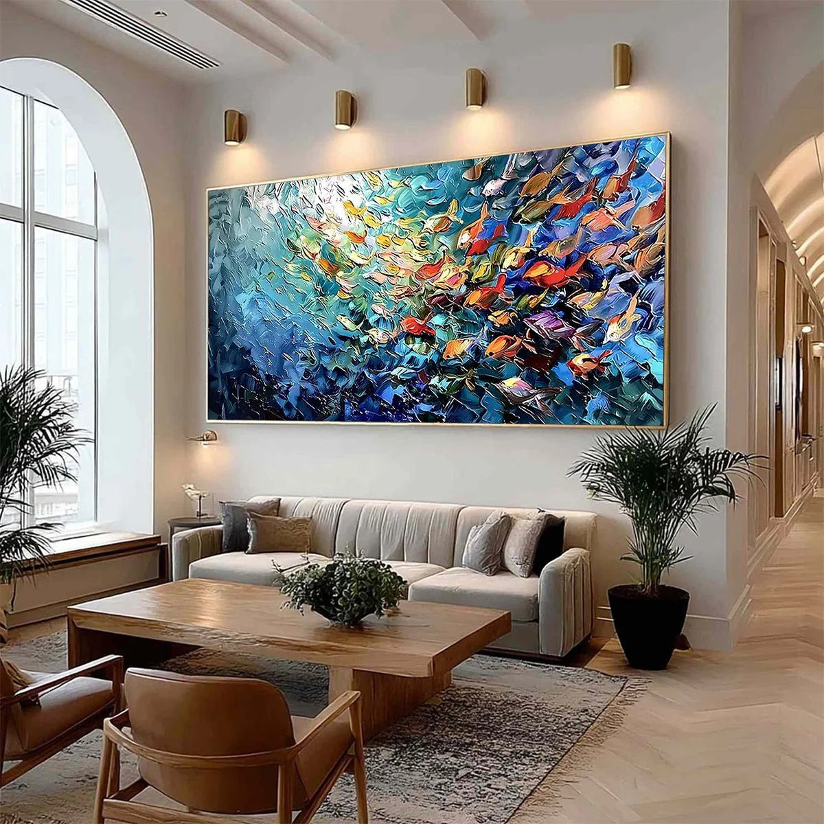 RIVER OF LIFE: Colorful Abstract Fish School Impasto Oil Painting | Abstract mood, soft natural light studio shot