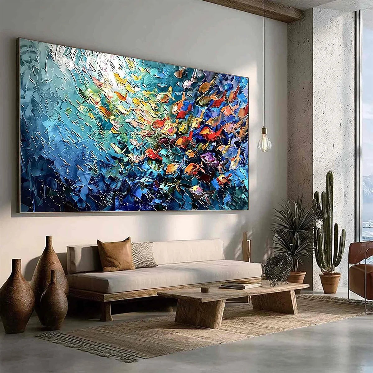 RIVER OF LIFE: Colorful Abstract Fish School Impasto Oil Painting | multi-color palette, original oil on stretched canvas art