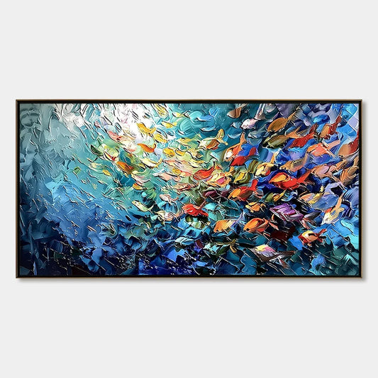 RIVER OF LIFE: Colorful Abstract Fish School Impasto Oil Painting | hanging in living room, Abstract wall art