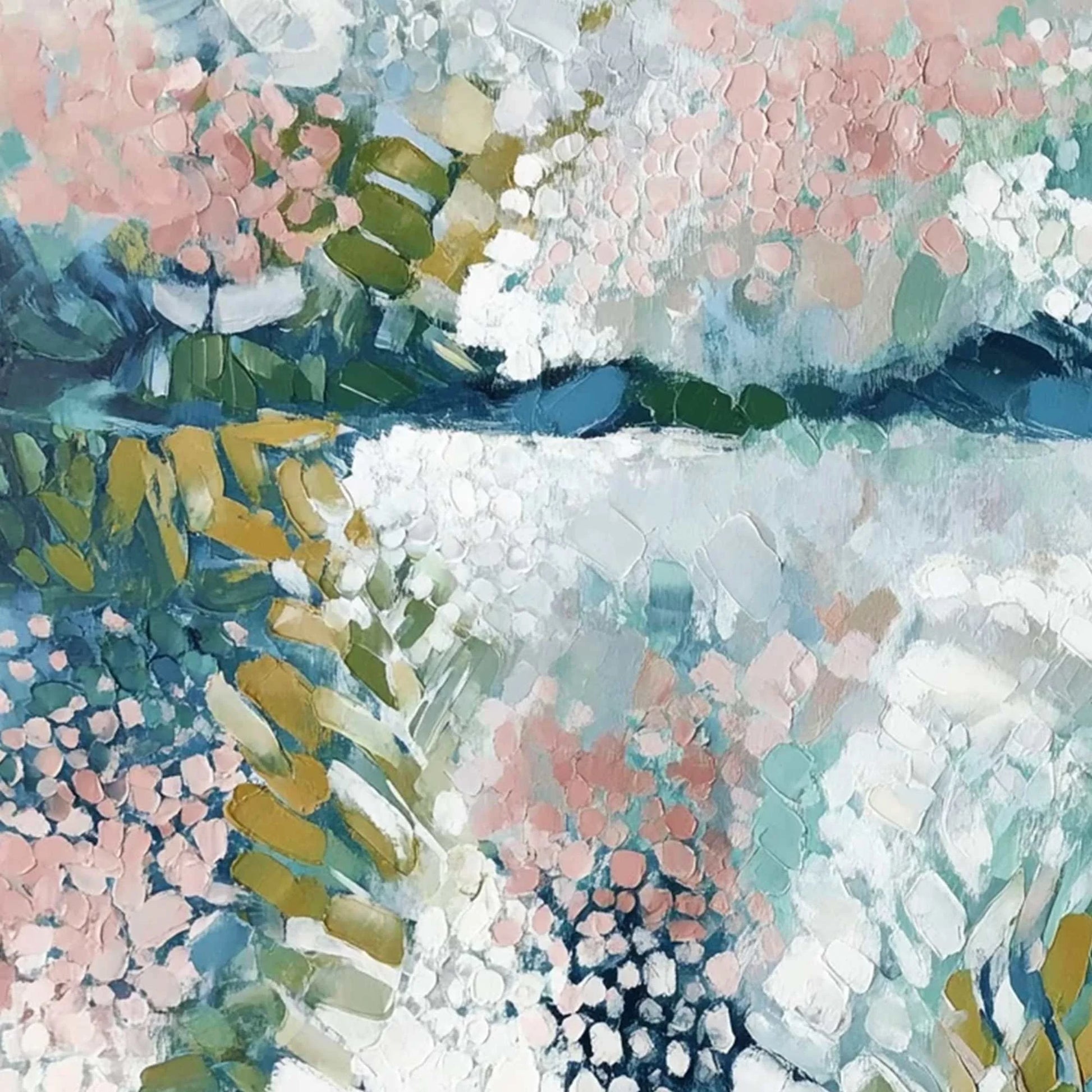 RIVER OF PETALS: Textured Abstract Floral Landscape Painting | rectangular format, hand-painted canvas edge