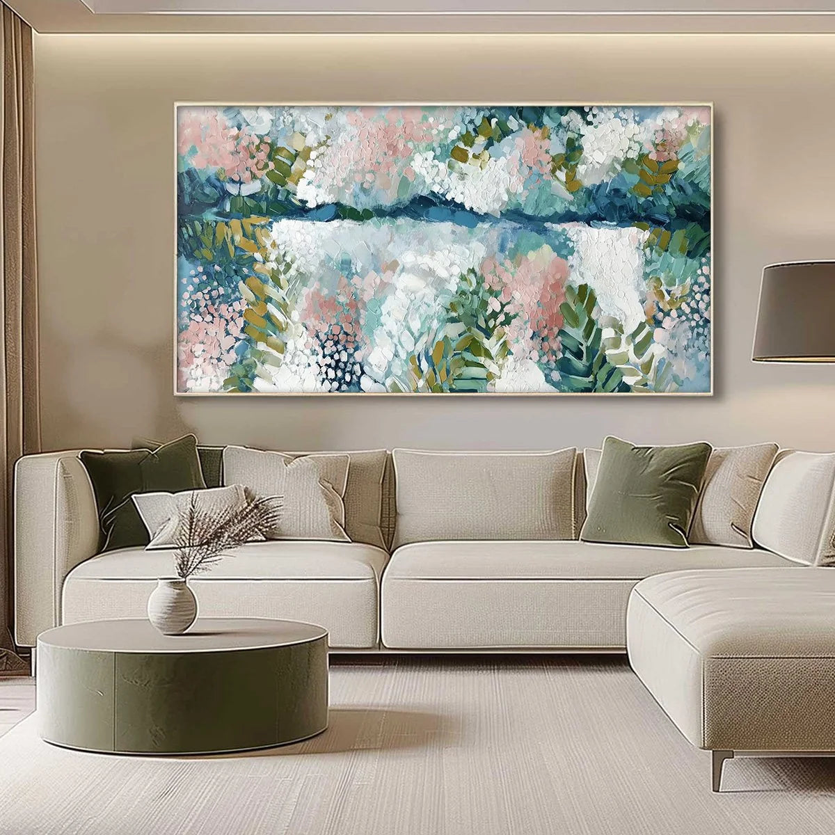 RIVER OF PETALS: Textured Abstract Floral Landscape Painting | gold frame stretched on neutral wall