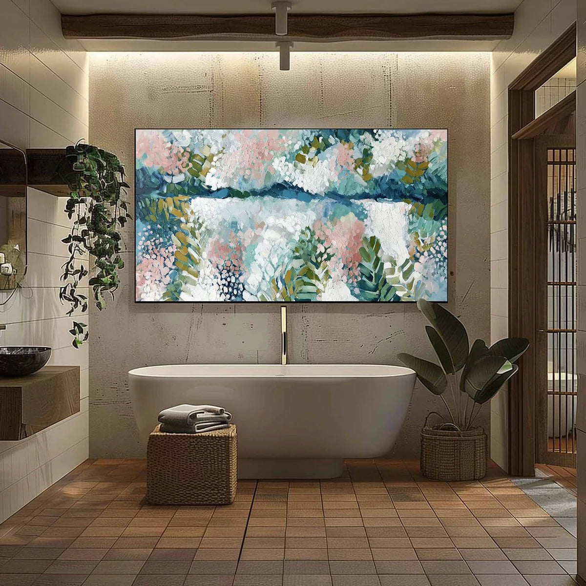 RIVER OF PETALS: Textured Abstract Floral Landscape Painting | black frame version on white wall