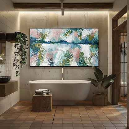 RIVER OF PETALS: Textured Abstract Floral Landscape Painting | black frame version on white wall
