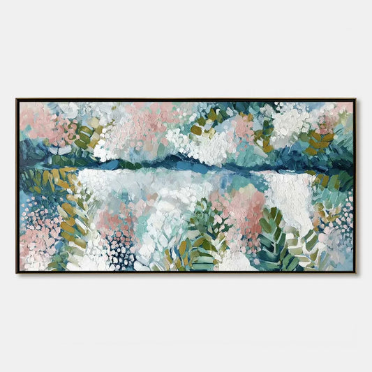 RIVER OF PETALS: Textured Abstract Floral Landscape Painting | hanging in living room, Abstract wall art
