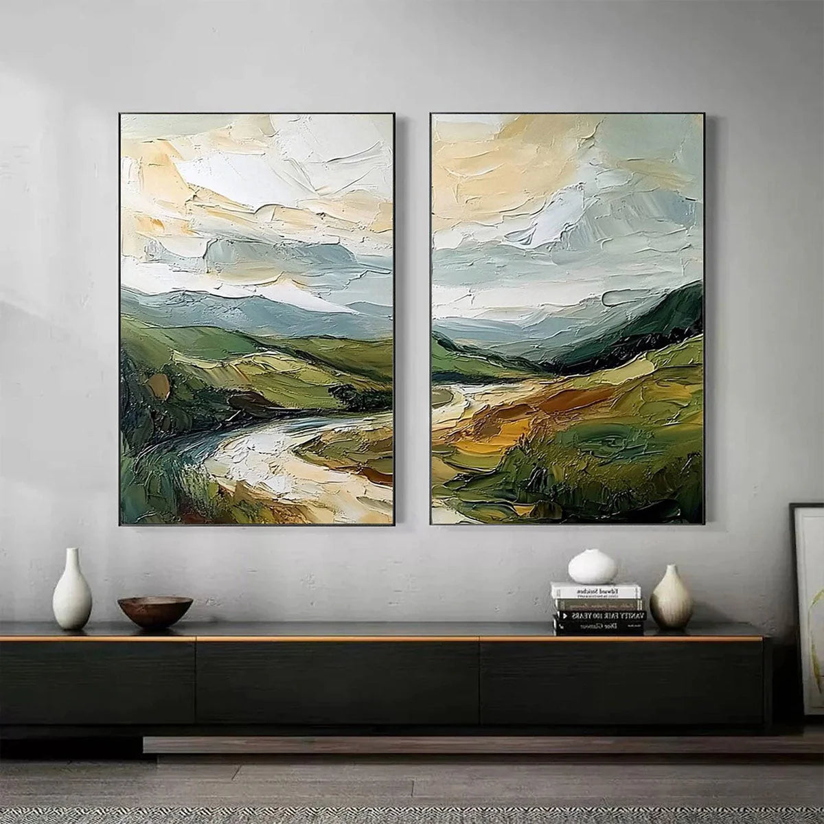 RIVER VALLEY DUET: Textured Landscape Diptych Painting | Landscape closeup, raised brushwork detail