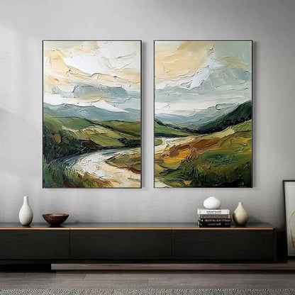 RIVER VALLEY DUET: Textured Landscape Diptych Painting | Landscape closeup, raised brushwork detail