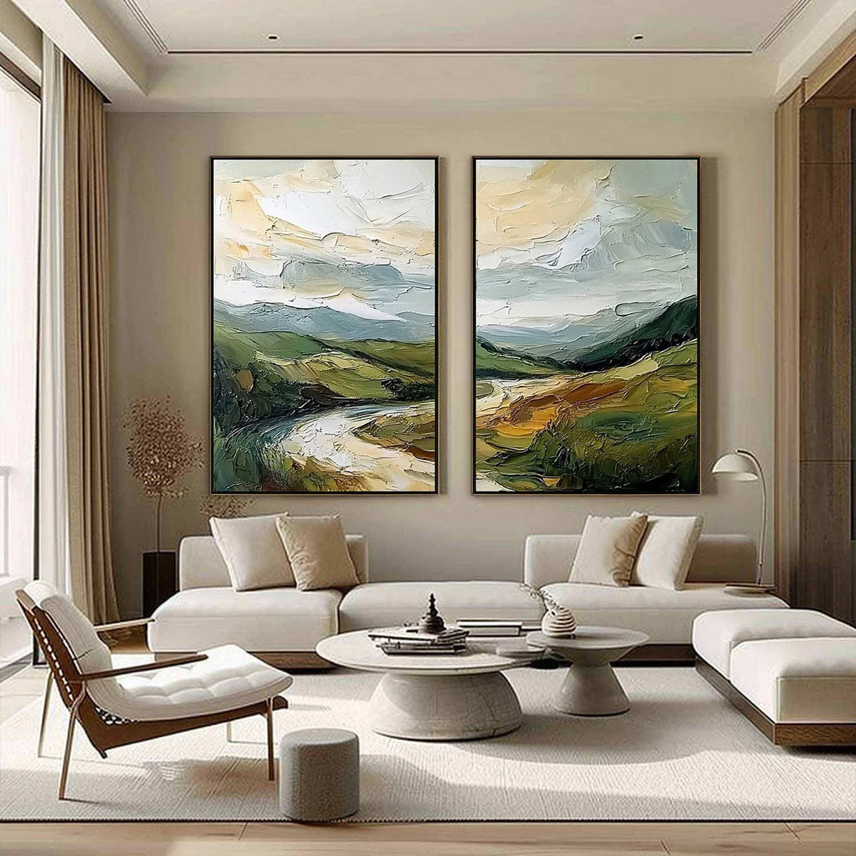RIVER VALLEY DUET: Textured Landscape Diptych Painting | gold frame stretched on neutral wall