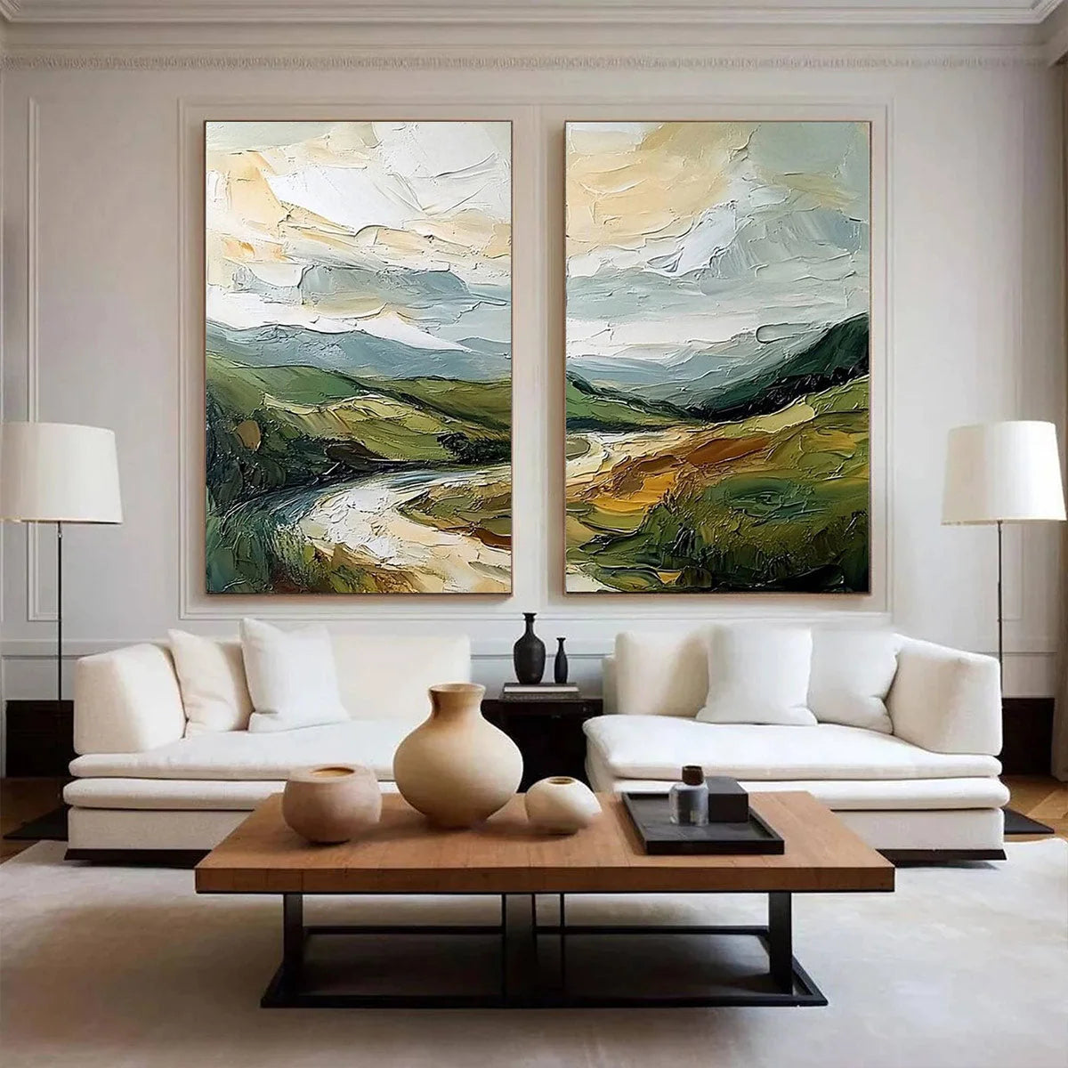RIVER VALLEY DUET: Textured Landscape Diptych Painting | rolled canvas, ready for custom framing