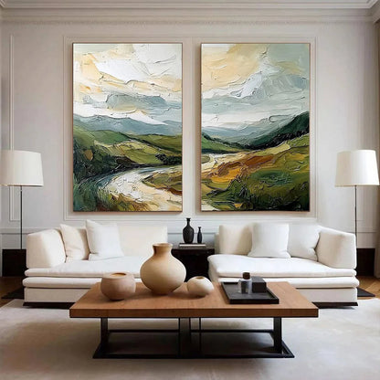 RIVER VALLEY DUET: Textured Landscape Diptych Painting | rolled canvas, ready for custom framing