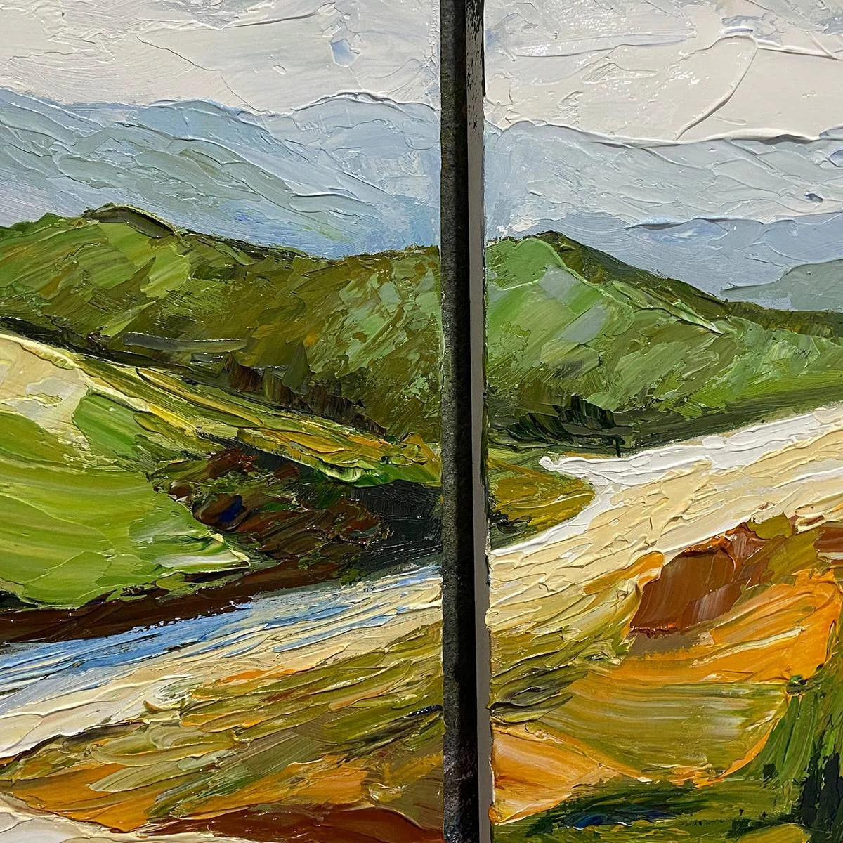 RIVER VALLEY DUET: Textured Landscape Diptych Painting | black frame version on white wall