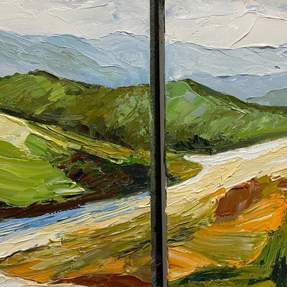 RIVER VALLEY DUET: Textured Landscape Diptych Painting | black frame version on white wall