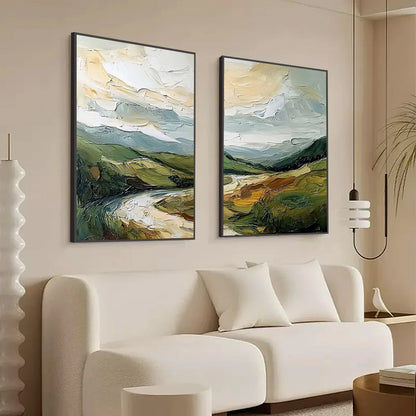 RIVER VALLEY DUET: Textured Landscape Diptych Painting | Landscape mood, soft natural light studio shot