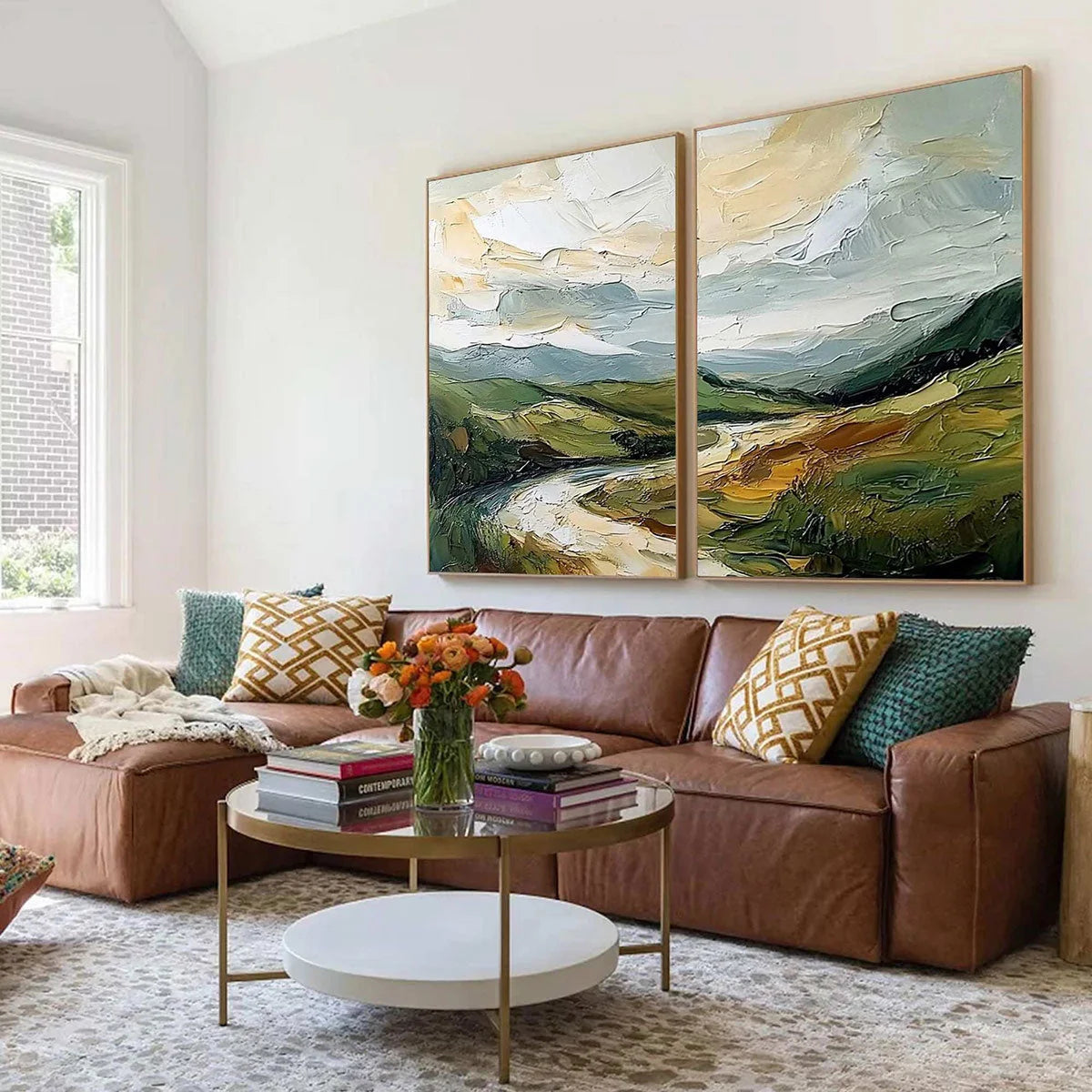 RIVER VALLEY DUET: Textured Landscape Diptych Painting | multi-color palette, original oil on stretched canvas art