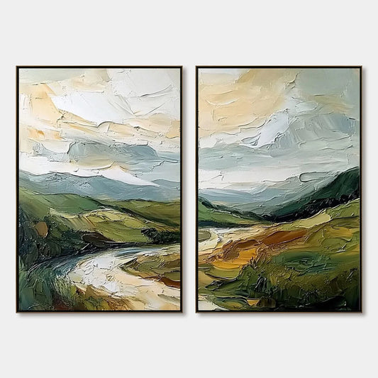 RIVER VALLEY DUET: Textured Landscape Diptych Painting | hanging in living room, Landscape wall art