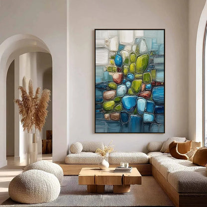 RIVERBED GEMS: Textured Vertical Abstract Impasto Wall Art | gold frame stretched on neutral wall