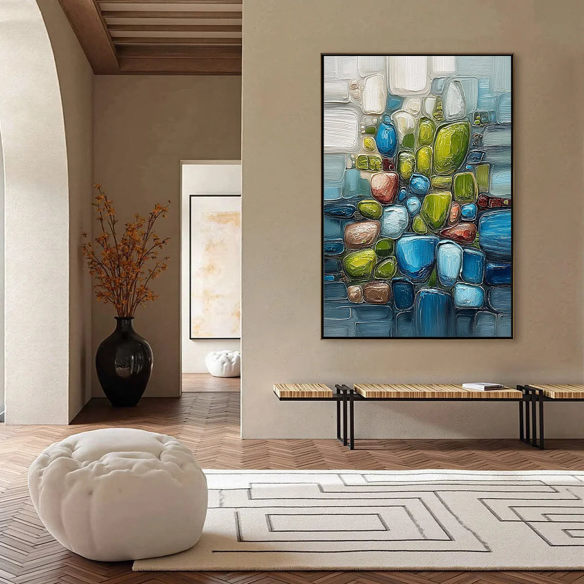 RIVERBED GEMS: Textured Vertical Abstract Impasto Wall Art | black frame version on white wall