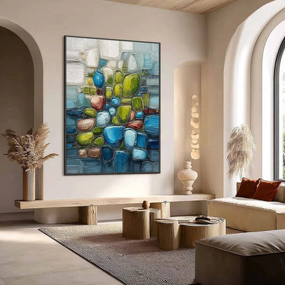 RIVERBED GEMS: Textured Vertical Abstract Impasto Wall Art | Abstract mood, soft natural light studio shot