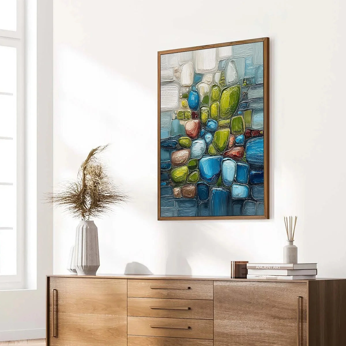 RIVERBED GEMS: Textured Vertical Abstract Impasto Wall Art | multi-color palette, original oil on stretched canvas art