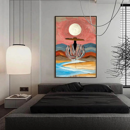 RIVERBED SOLITUDE: Textured Boho Figurative Portrait Painting on Canvas | gold frame stretched on neutral wall