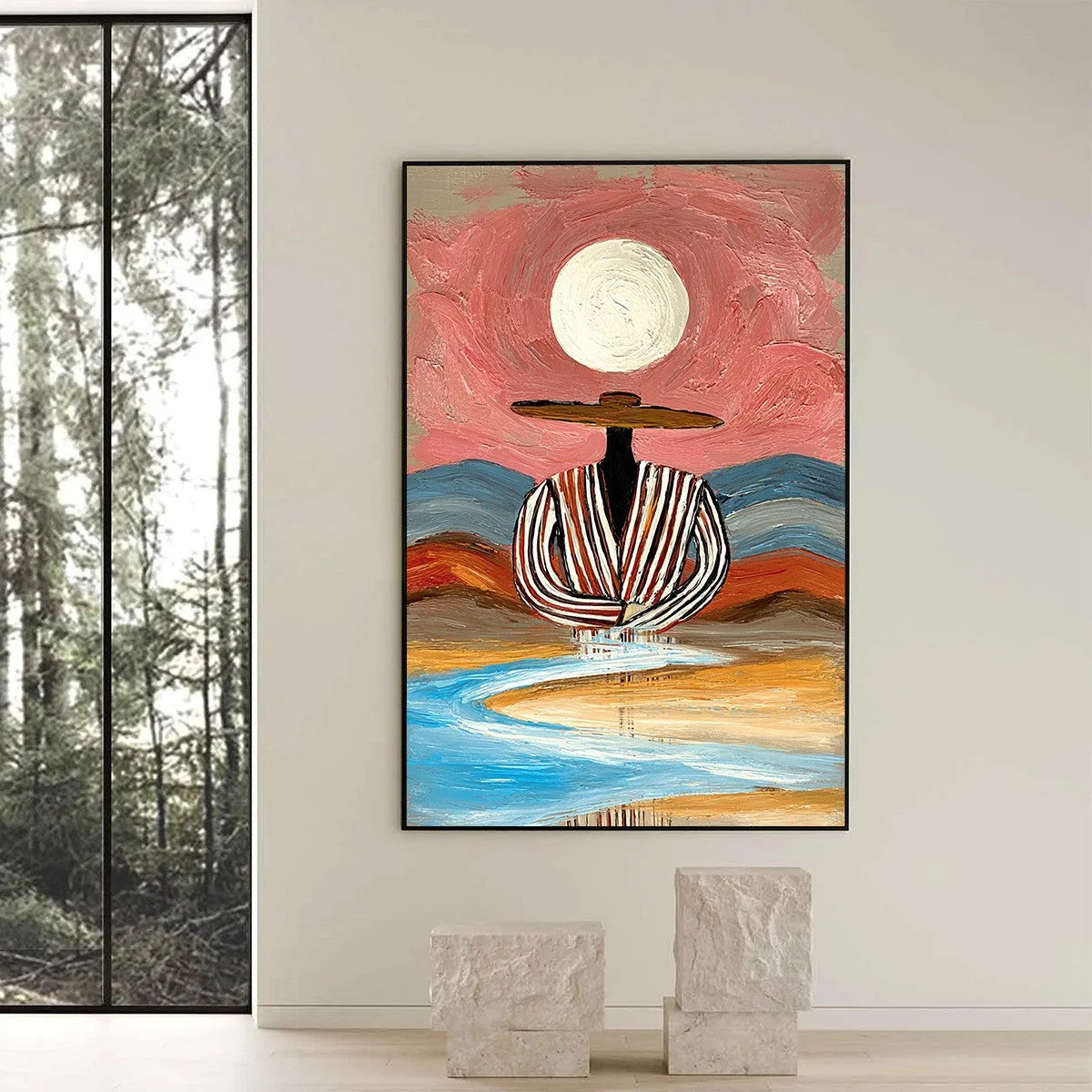 RIVERBED SOLITUDE: Textured Boho Figurative Portrait Painting on Canvas | black frame version on white wall