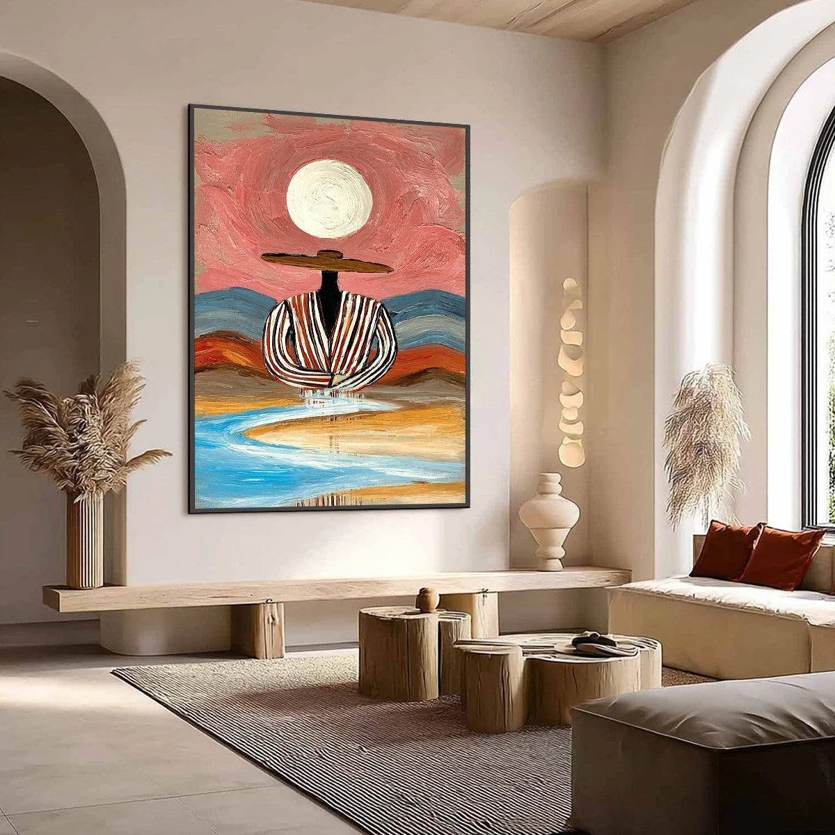 RIVERBED SOLITUDE: Textured Boho Figurative Portrait Painting on Canvas | Figurative mood, soft natural light studio shot