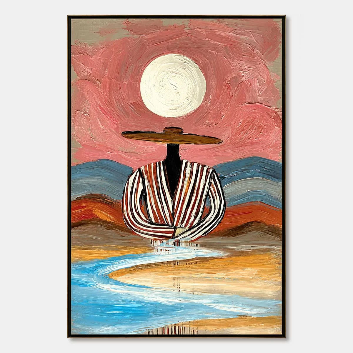 RIVERBED SOLITUDE: Textured Boho Figurative Portrait Painting on Canvas | hanging in living room, Figurative wall art