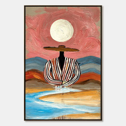 RIVERBED SOLITUDE: Textured Boho Figurative Portrait Painting on Canvas | hanging in living room, Figurative wall art