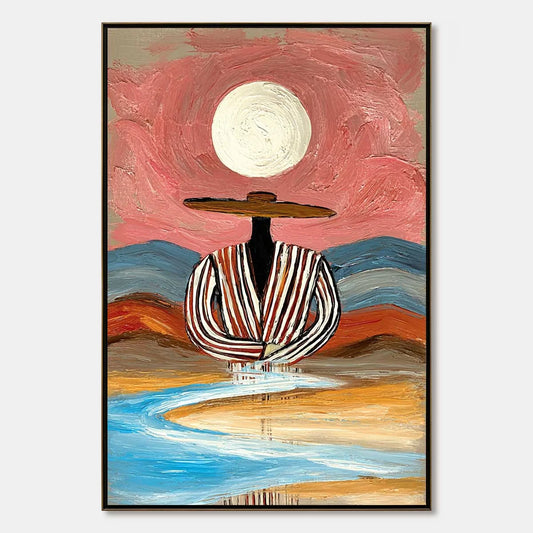 RIVERBED SOLITUDE: Textured Boho Figurative Portrait Painting on Canvas | hanging in living room, Figurative wall art