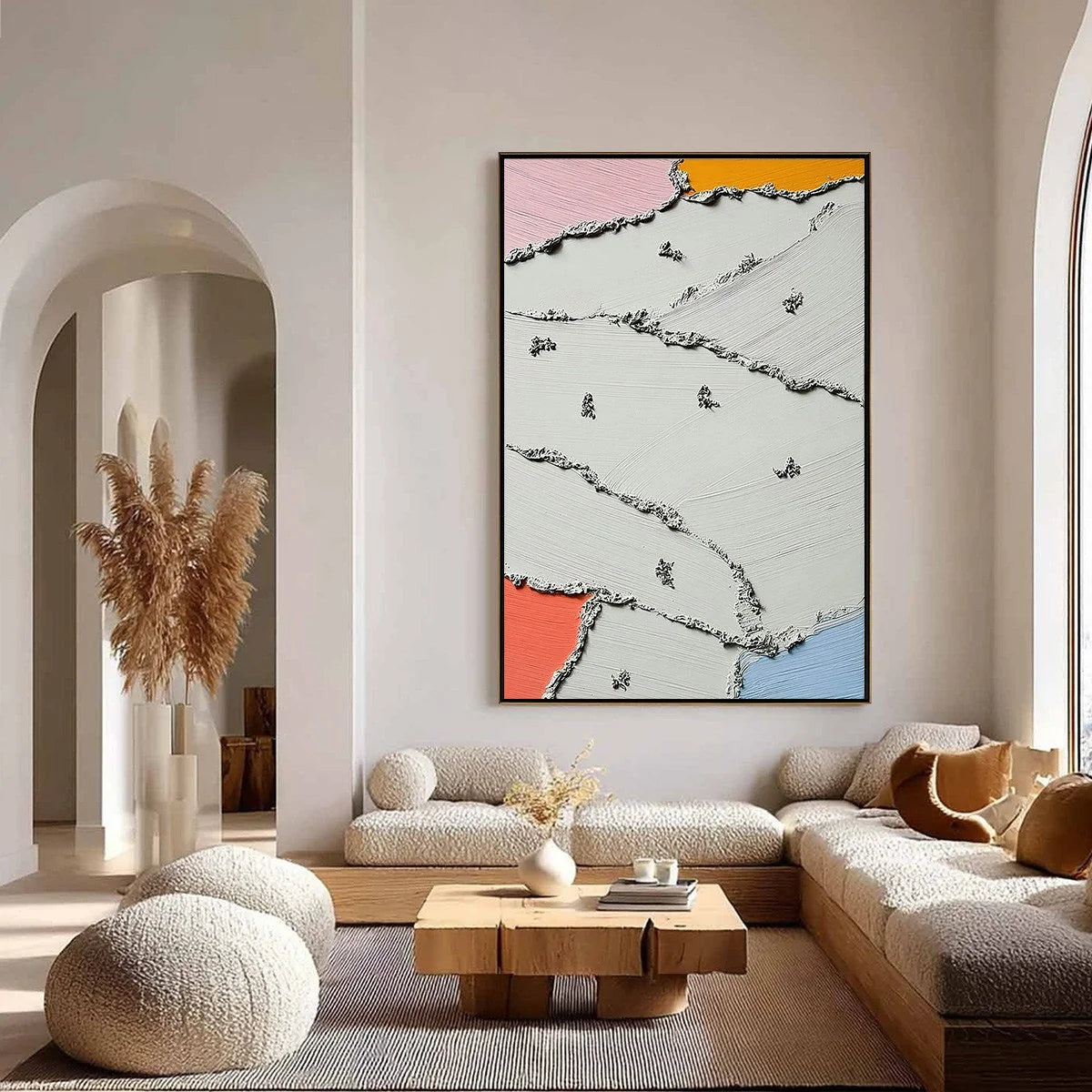 RIVERBEDS: Textured Abstract Painting with Minimalist Color Accents | gold frame stretched on neutral wall