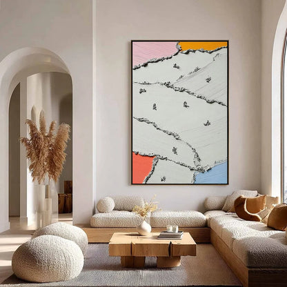 RIVERBEDS: Textured Abstract Painting with Minimalist Color Accents | gold frame stretched on neutral wall