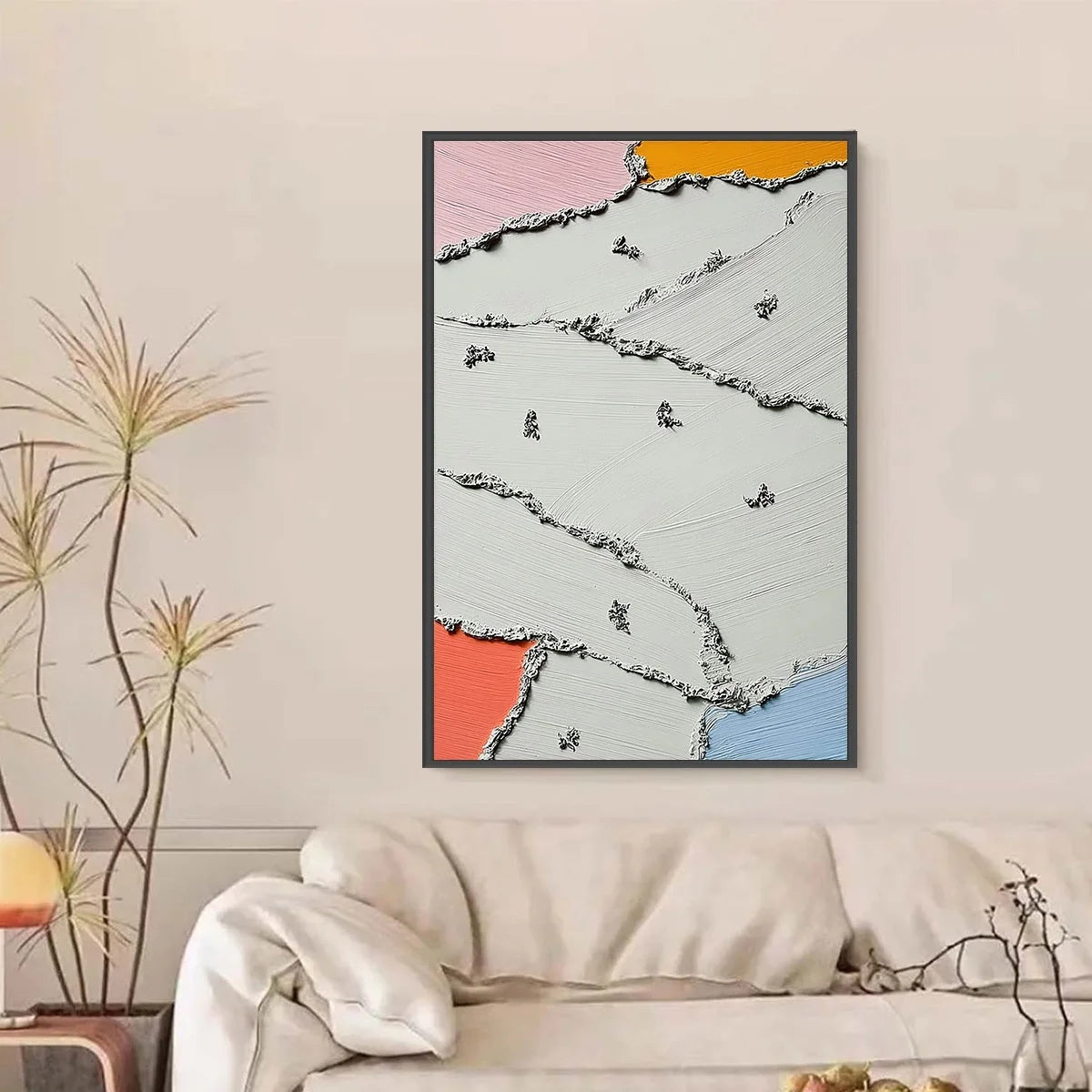 RIVERBEDS: Textured Abstract Painting with Minimalist Color Accents | black frame version on white wall
