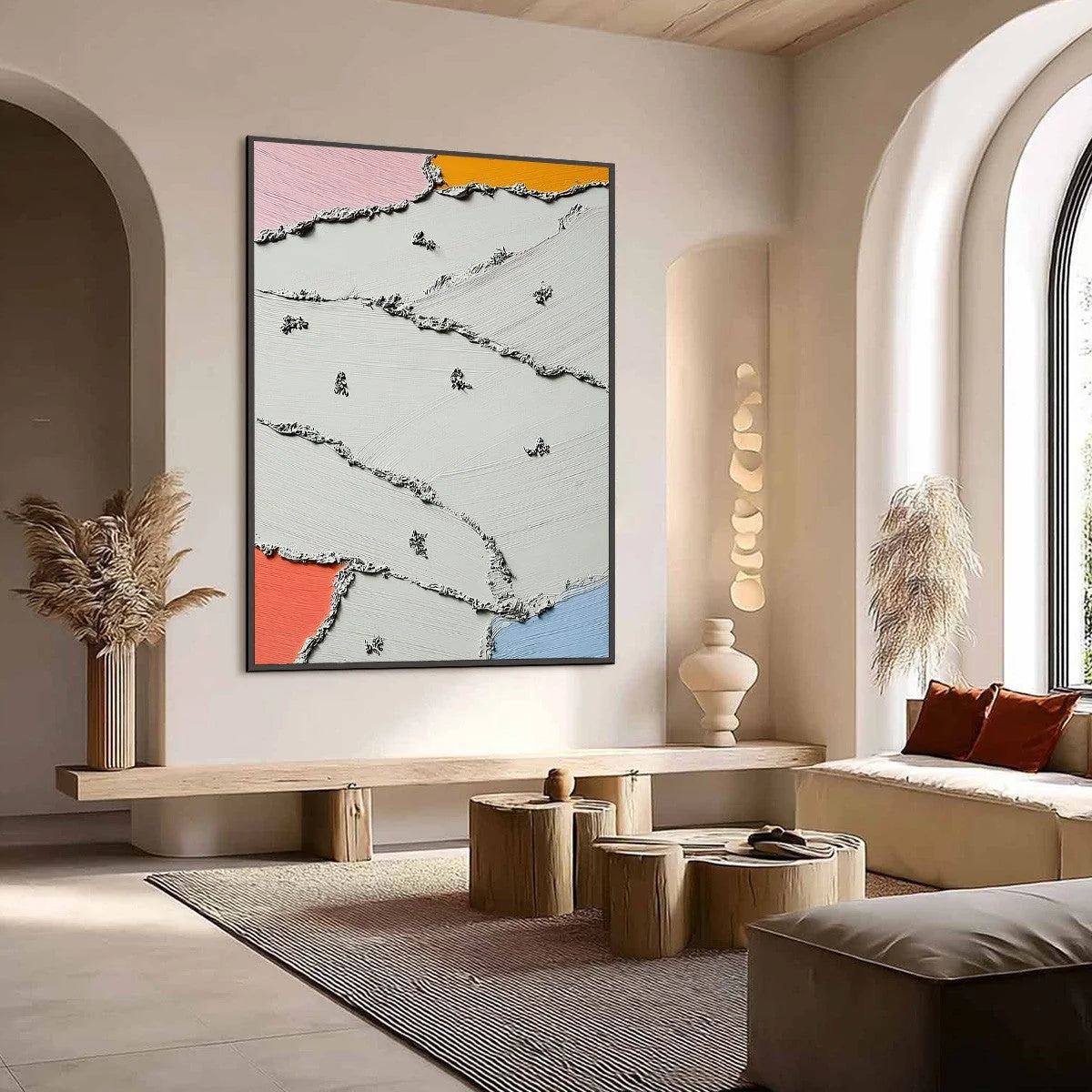 RIVERBEDS: Textured Abstract Painting with Minimalist Color Accents | Minimalist mood, soft natural light studio shot
