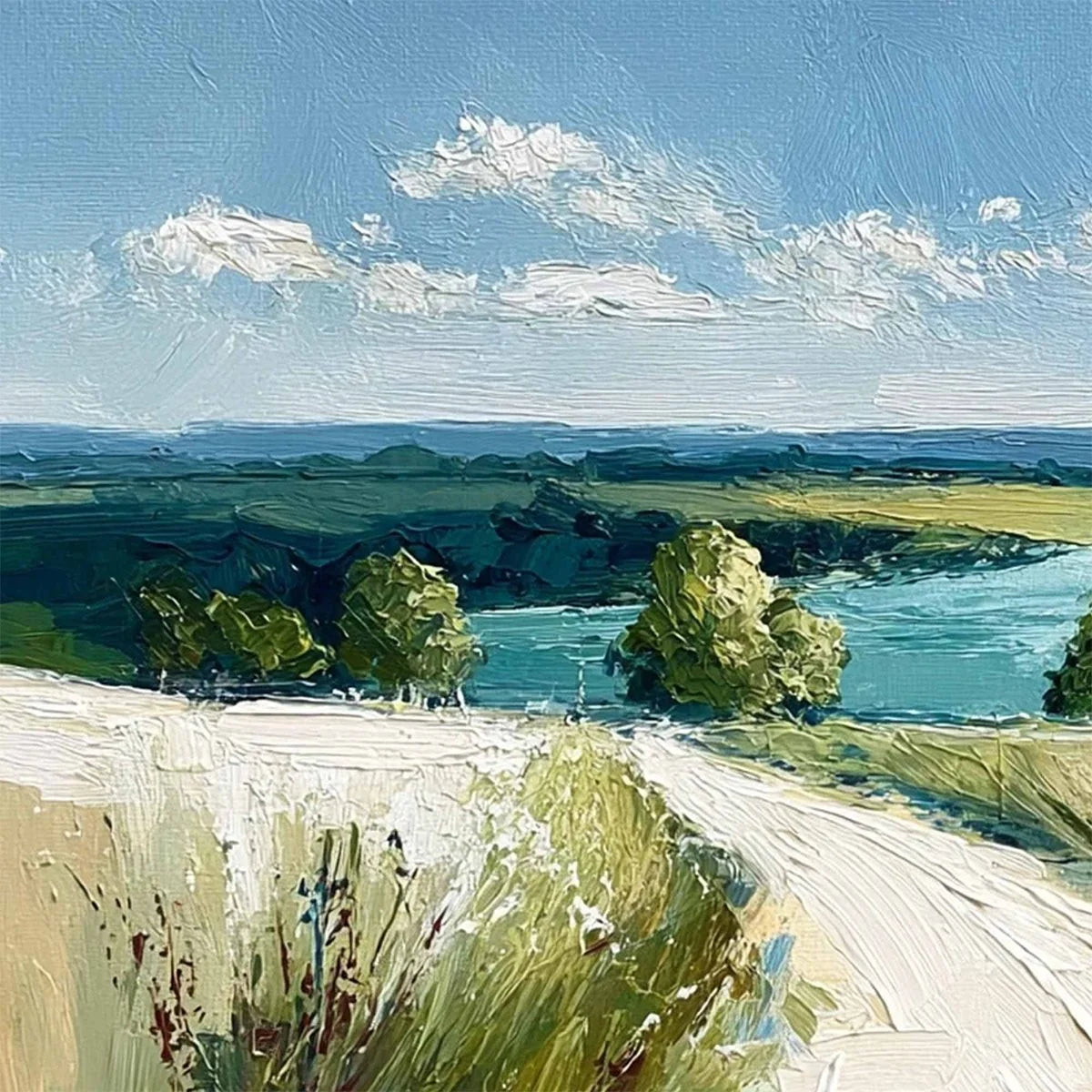 RIVERBEND VISTA: Textured Impasto Landscape Painting of a Countryside Path | rectangular format, hand-painted canvas edge