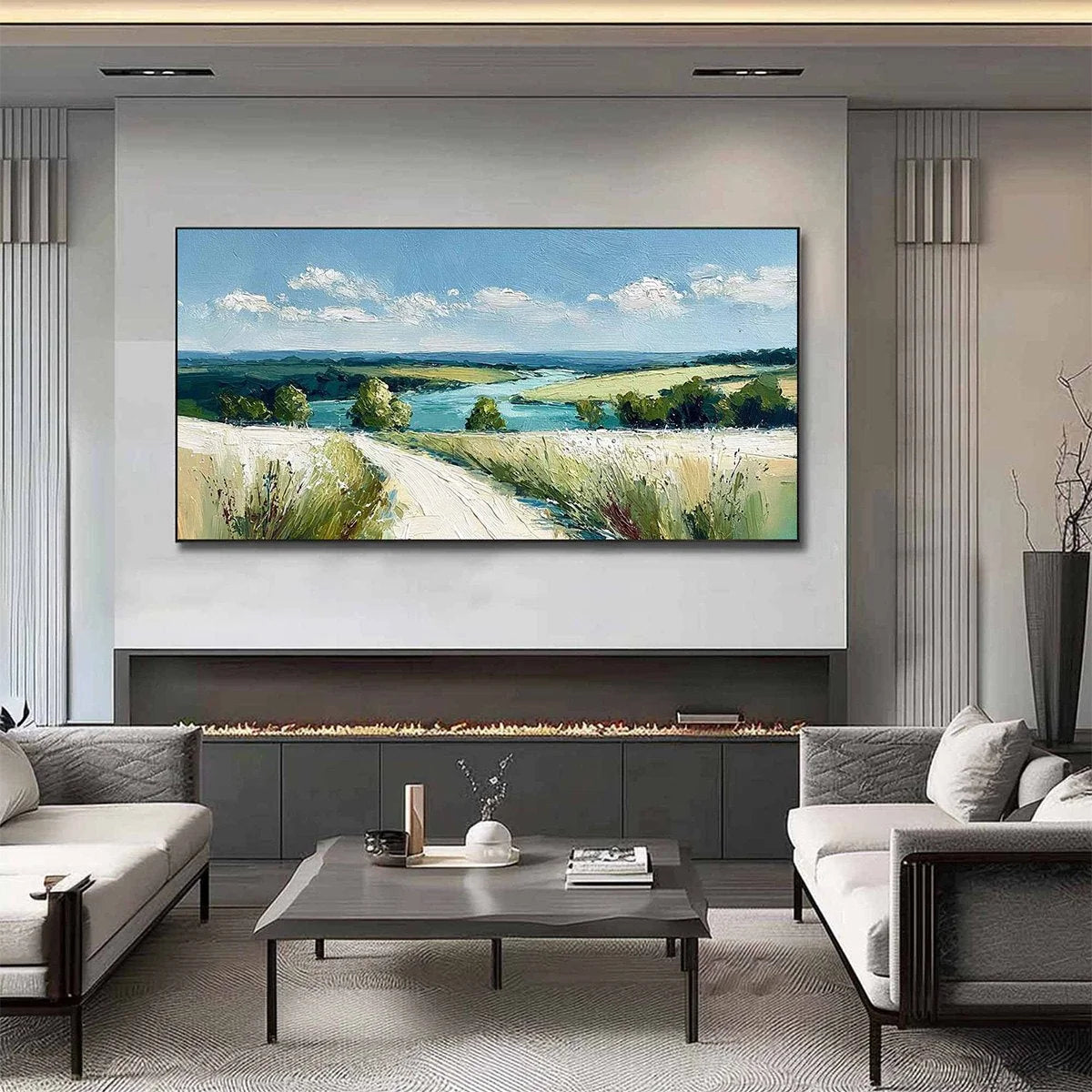 RIVERBEND VISTA: Textured Impasto Landscape Painting of a Countryside Path | gold frame stretched on neutral wall