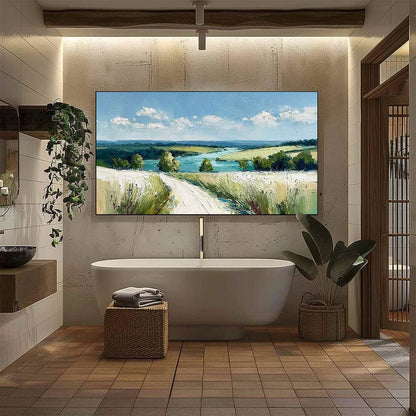 RIVERBEND VISTA: Textured Impasto Landscape Painting of a Countryside Path | black frame version on white wall