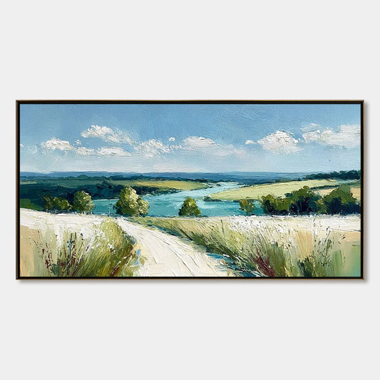 RIVERBEND VISTA: Textured Impasto Landscape Painting of a Countryside Path | hanging in living room, Landscape wall art