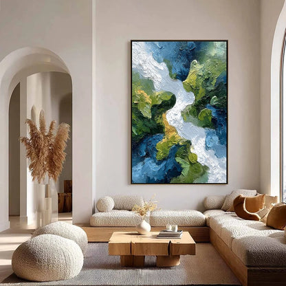 RIVERINE RUSH: Textured Abstract Landscape Painting of a River Valley | Abstract closeup, raised brushwork detail