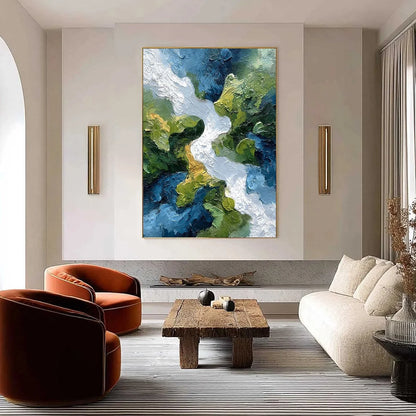 RIVERINE RUSH: Textured Abstract Landscape Painting of a River Valley | gold frame stretched on neutral wall