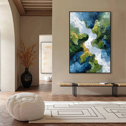 RIVERINE RUSH: Textured Abstract Landscape Painting of a River Valley | black frame version on white wall